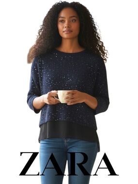 Zara Dark Navy Sequin Knit Sweater Sheer Under Layer (S)